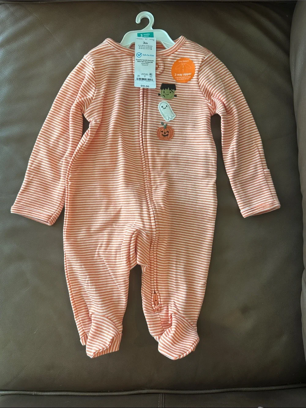 Carter's Orange Striped Pumpkin & Black Cat Footed One-Pieces (Set of 3)